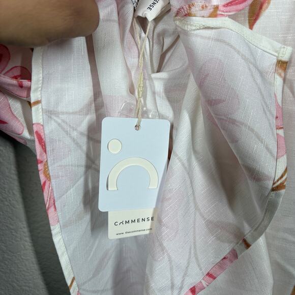 Commense Size XS Mini Shift Dress White Pink Floral Crew Neck Sleeveless Stretch - Picture 8 of 8